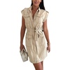 image:imagechouyatou Womens Summer Zip Up Belted Sleeveless Denim Dress Business Casual Jean Cargo Mini Dress with PocketsKhaki