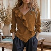 image:imagechouyatou Womens 2026 Spring Cotton Linen Shirt Boho Ruffle V Neck Loose Blouses Long Sleeve Pullover TopsBrown