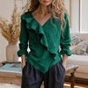 image:imagechouyatou Womens 2026 Spring Cotton Linen Shirt Boho Ruffle V Neck Loose Blouses Long Sleeve Pullover TopsDark Green