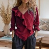 image:imagechouyatou Womens 2026 Spring Cotton Linen Shirt Boho Ruffle V Neck Loose Blouses Long Sleeve Pullover TopsRed