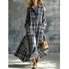 image:imagechouyatou Womens Long Sleeve Flowy Checkered Plaid Cotton Shirt DressDark Blue