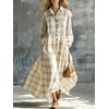 image:imagechouyatou Womens Long Sleeve Flowy Checkered Plaid Cotton Shirt DressKhaki