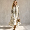 image:imagechouyatou Womens Long Sleeve Flowy Checkered Plaid Cotton Shirt DressYellow Blue