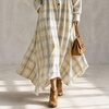 image:imagechouyatou Womens Long Sleeve Flowy Checkered Plaid Cotton Shirt DressYellow Blue