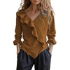 image:imagechouyatou Womens 2026 Spring Cotton Linen Shirt Boho Ruffle V Neck Loose Blouses Long Sleeve Pullover TopsBrown