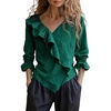 image:imagechouyatou Womens 2026 Spring Cotton Linen Shirt Boho Ruffle V Neck Loose Blouses Long Sleeve Pullover TopsDark Green