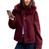 image:imagechouyatou Women Fall Winter Casual Short Wool Blend Coat with Faux Fur HoodWine Red