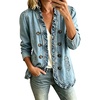 image:imagechouyatou Women Ruffle Trim Denim Jean Jacket Button Open Front Shirt CoatLight Blue