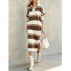 image:imagechouyatou Womens Ribbed Knit Polo Collar Striped Sweater Midi Long DressBrown