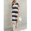 image:imagechouyatou Womens Ribbed Knit Polo Collar Striped Sweater Midi Long DressNavy