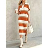 image:imagechouyatou Womens Ribbed Knit Polo Collar Striped Sweater Midi Long DressOrange