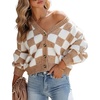 image:imagechouyatou Womens Fall Color Block Gingham Cardigan Button Down VNeck Plaid Cropped SweaterKhaki