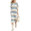 image:imagechouyatou Womens Ribbed Knit Polo Collar Striped Sweater Midi Long DressBlue