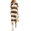 image:imagechouyatou Womens Ribbed Knit Polo Collar Striped Sweater Midi Long DressBrown