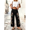 image:imagechouyatou Women Wide Leg Jeans Embroidery Floral Print Denim PantsBlack