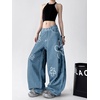 image:imagechouyatou Womens Boho Floral Print Wide Leg Jeans Y2k Mid Rise Baggy Barrel Jeans Denim Long Palazzo Pants TrousersBlue