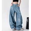 image:imagechouyatou Womens Boho Floral Print Wide Leg Jeans Y2k Mid Rise Baggy Barrel Jeans Denim Long Palazzo Pants TrousersBlue