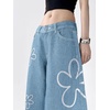 image:imagechouyatou Womens Boho Floral Print Wide Leg Jeans Y2k Mid Rise Baggy Barrel Jeans Denim Long Palazzo Pants TrousersBlue