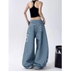 image:imagechouyatou Womens Boho Floral Print Wide Leg Jeans Y2k Mid Rise Baggy Barrel Jeans Denim Long Palazzo Pants TrousersBlue