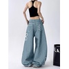 image:imagechouyatou Womens Boho Floral Print Wide Leg Jeans Y2k Mid Rise Baggy Barrel Jeans Denim Long Palazzo Pants TrousersLight Blue