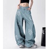 image:imagechouyatou Womens Boho Floral Print Wide Leg Jeans Y2k Mid Rise Baggy Barrel Jeans Denim Long Palazzo Pants TrousersLight Blue