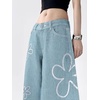 image:imagechouyatou Womens Boho Floral Print Wide Leg Jeans Y2k Mid Rise Baggy Barrel Jeans Denim Long Palazzo Pants TrousersLight Blue