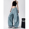 image:imagechouyatou Womens Boho Floral Print Wide Leg Jeans Y2k Mid Rise Baggy Barrel Jeans Denim Long Palazzo Pants TrousersLight Blue