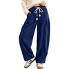 image:imagechouyatou Women High Waist Corduroy Pants Wide Leg Drawstring Harem PantNavy Blue