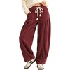 image:imagechouyatou Women High Waist Corduroy Pants Wide Leg Drawstring Harem PantRed
