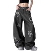 image:imagechouyatou Womens Boho Floral Print Wide Leg Jeans Y2k Mid Rise Baggy Barrel Jeans Denim Long Palazzo Pants TrousersBlack Gray