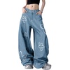 image:imagechouyatou Womens Boho Floral Print Wide Leg Jeans Y2k Mid Rise Baggy Barrel Jeans Denim Long Palazzo Pants TrousersBlue