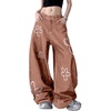 image:imagechouyatou Womens Boho Floral Print Wide Leg Jeans Y2k Mid Rise Baggy Barrel Jeans Denim Long Palazzo Pants TrousersBrown