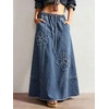 image:imagechouyatou Womens Retro Floral Denim Maxi Skirt Fringe A Line Jean SkirtBlue