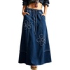 image:imagechouyatou Womens Retro Floral Denim Maxi Skirt Fringe A Line Jean SkirtDark Blue