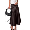 image:imagechouyatou Women Fall Winter ALine Pleated Midi Long Faux Leather SkirtCoffee
