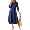 image:imagechouyatou Womens Rolled Up Sleeve Jean Shirt Dress Loose A Line Flare Midi Denim Dress with Split MediumDark Blue