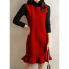 image:imagechouyatou Womens Ruffle Fishtail Hem Wool Pinafore Overall Dress Pleated Flared Midi Bib Jumper DressRed