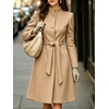 image:imagechouyatou Womens Stand Collar Wool Trench Coat Belted Dress Long Pea CoatKhaki