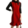 image:imagechouyatou Womens Ruffle Fishtail Hem Wool Pinafore Overall Dress Pleated Flared Midi Bib Jumper DressRed