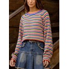 image:imagechouyatou Womens 2025 Fall Outfits Contrast Striped Sweater Y2K Colorful Knit Long Sleeve Pullover Jumper TopsBlue