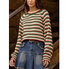 image:imagechouyatou Womens 2025 Fall Outfits Contrast Striped Sweater Y2K Colorful Knit Long Sleeve Pullover Jumper TopsGreen