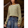 image:imagechouyatou Womens 2025 Fall Outfits Contrast Striped Sweater Y2K Colorful Knit Long Sleeve Pullover Jumper TopsYellow