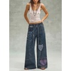 image:imagechouyatou Womens Boho Patch Baggy Jeans Y2k Fringe Wide Leg Denim PantsVintage Blue