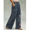 image:imagechouyatou Womens Boho Patch Baggy Jeans Y2k Fringe Wide Leg Denim PantsVintage Blue