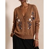 image:imagechouyatou Womens Floral Embroidery Cardigan Sweater V Neck Knitted JacketBrown