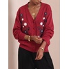 image:imagechouyatou Womens Floral Embroidery Cardigan Sweater V Neck Knitted JacketRed