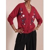 image:imagechouyatou Womens Floral Embroidery Cardigan Sweater V Neck Knitted JacketRed