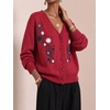 image:imagechouyatou Womens Floral Embroidery Cardigan Sweater V Neck Knitted JacketRed