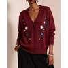 image:imagechouyatou Womens Floral Embroidery Cardigan Sweater V Neck Knitted JacketWine Red