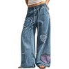 image:imagechouyatou Womens Boho Patch Baggy Jeans Y2k Fringe Wide Leg Denim PantsBlue